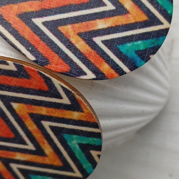 Colorful Tribal Chevron Wooden Design Dangling Earrings - Picture 5 of 9